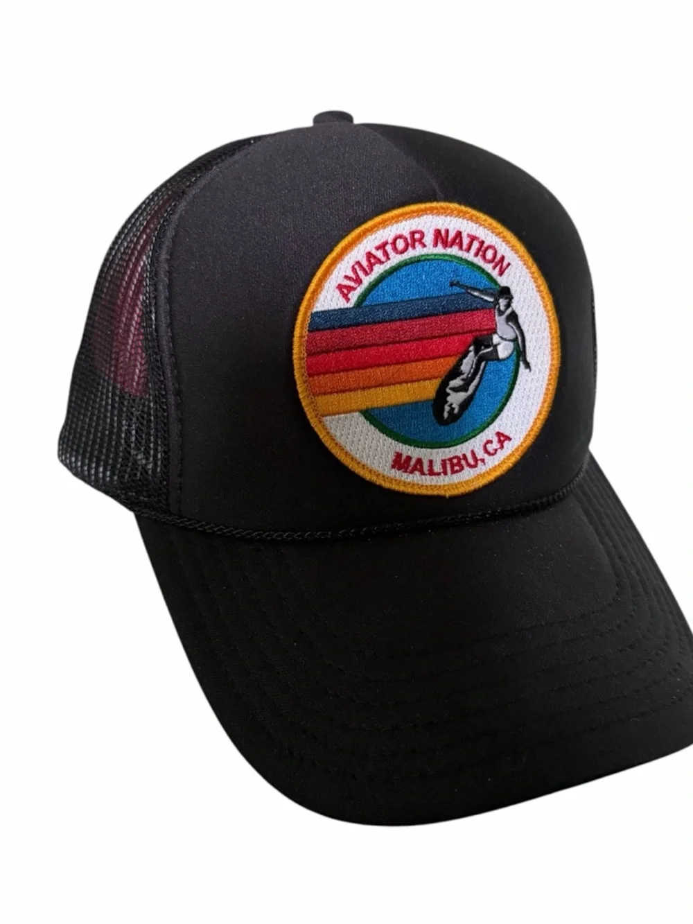 Aviator Nation Malibu CA Trucker Hat Black Mesh Snapback Rainbow Patch Cap - Picture 2 of 8